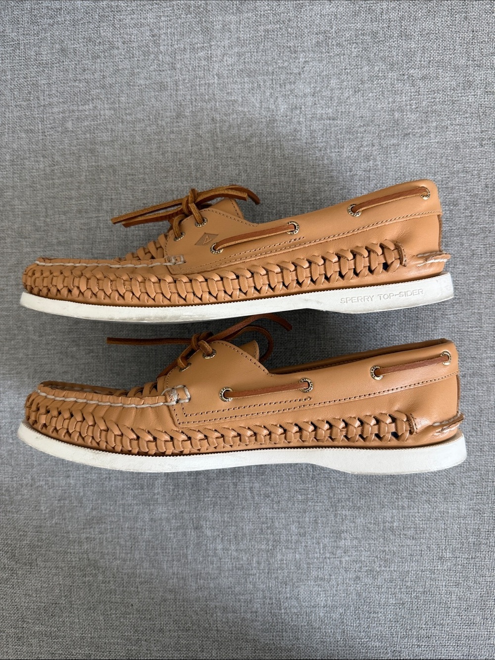 Sperry Women's eye woven boat shoes Tan Woven Leather Loafers with Navy Insole - Picture 4 of 10